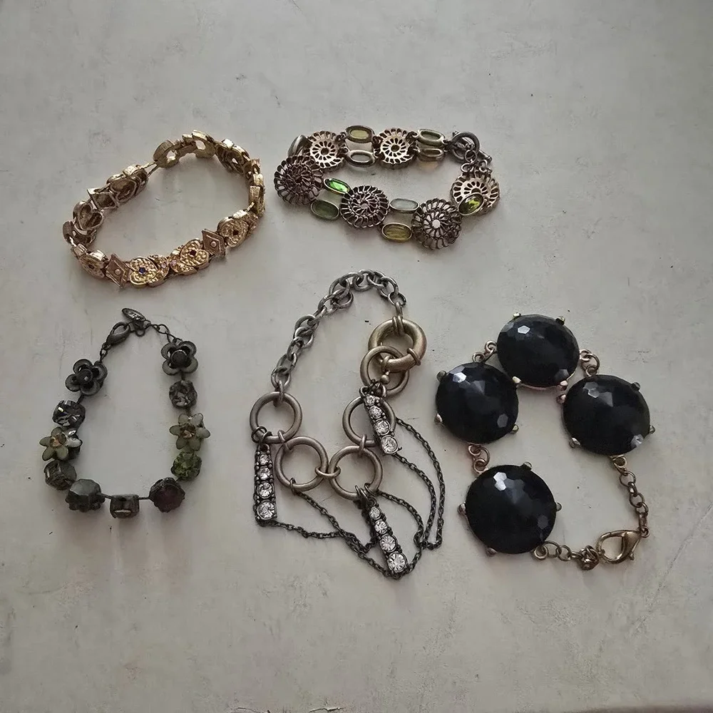 Vintage Monet & Statement Bracelet Lot 5pc Gold Silver Tone Rhinestone Cabochon